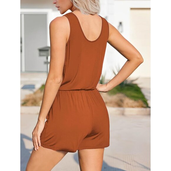 🆕 Women Orange Summer Solid Jumpsuit Loose Sleeveless Short Soft Romper Pocket - Picture 3 of 6